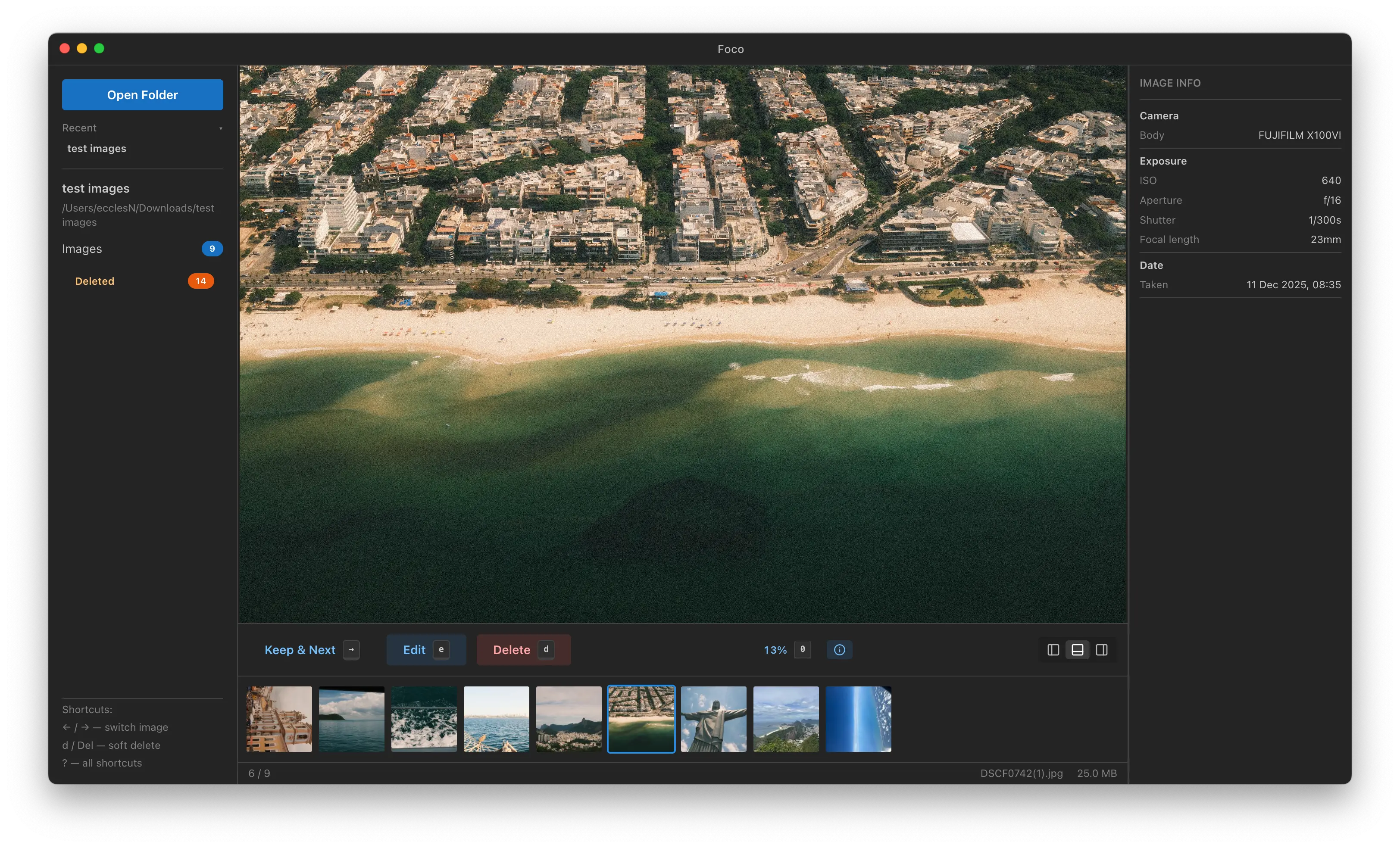 The main interface of Foco, showing the filmstrip on the bottom, the selected image in the center, and the EXIF panel on the right.