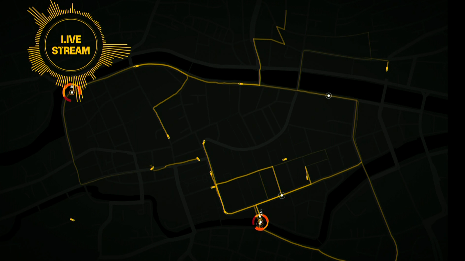 A picture displaying a map of Cork city with taxi cabs. Each taxi cab has a trail behind it. The map is dark and the accent colour is yellow.