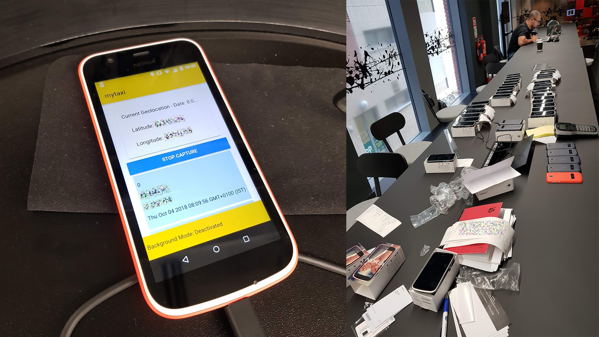 A picture with two images combind. On the left is a Nokia 1 phone with a custom app running. On the screen there is a mytaxi title with the current longitude and latitude displayed. On the right is a long table with many Nokia 1's laid out.