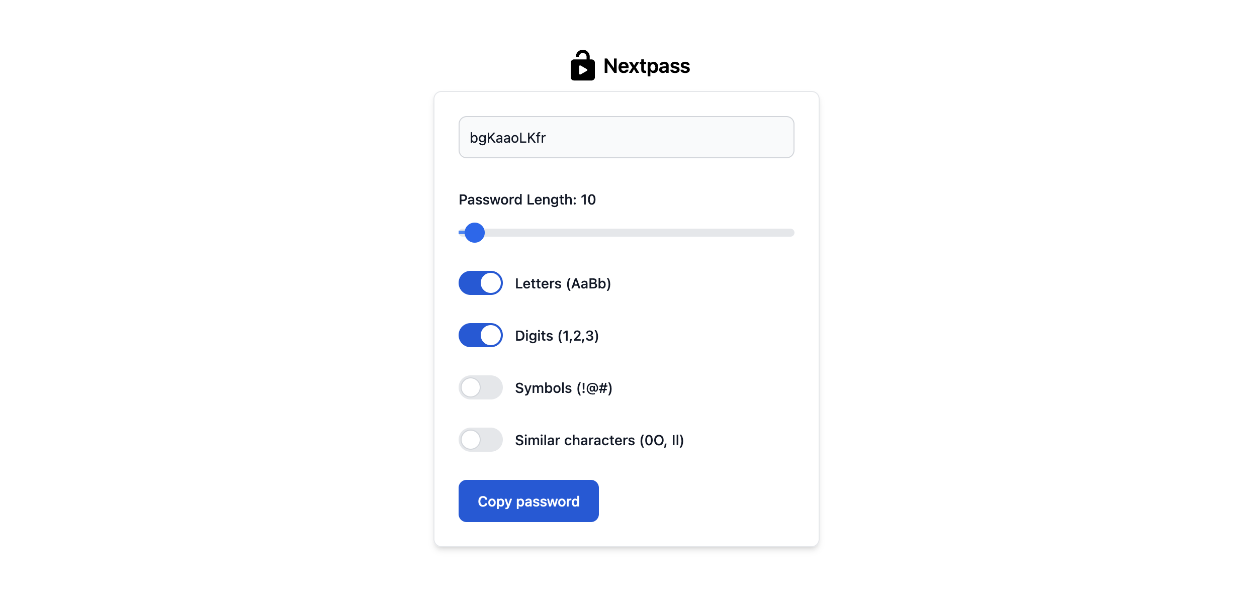 A screenshot of the Nextpass application. On screen is a form with 4 different controls. Letters, Digits, Symbols, and Similar Characters are the options displayed. At the top of the form is an input field with a random password. Beneath the form is a range slider to adjust the password length. A 'copy password' button is present at the bottom of the form.